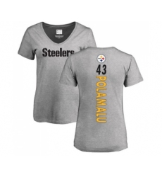 Football Women's Pittsburgh Steelers #43 Troy Polamalu Ash Backer V-Neck T-Shirt