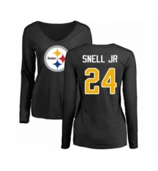 Women's Pittsburgh Steelers #24 Benny Snell Jr. Black Name & Number Logo Slim Fit Long Sleeve T-Shirt
