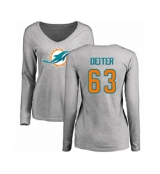 Football Women's Miami Dolphins #63 Michael Deiter Ash Name & Number Logo Long Sleeve T-Shirt