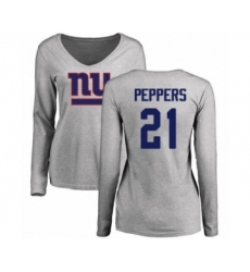 Football Women's New York Giants #21 Jabrill Peppers Ash Name & Number Logo Long Sleeve T-Shirt