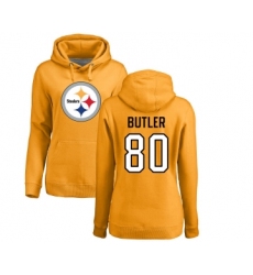 Football Women's Pittsburgh Steelers #80 Jack Butler Gold Name & Number Logo Pullover Hoodie