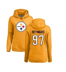 Football Women's Pittsburgh Steelers #97 Cameron Heyward Gold Name & Number Logo Pullover Hoodie