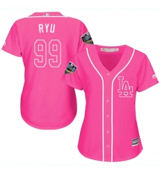 Women's Majestic Los Angeles Dodgers #99 Hyun-Jin Ryu Authentic Pink Fashion Cool Base 2018 World Series MLB Jersey