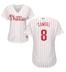 Women's Majestic Philadelphia Phillies #8 Juan Samuel Replica White/Red Strip Home Cool Base MLB Jersey