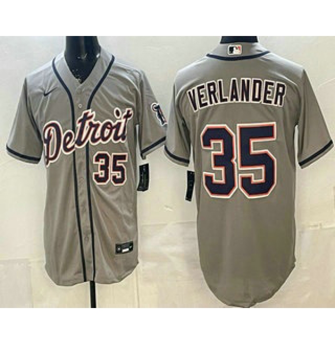 Men's Detroit Tigers #35 Justin Verlander Grey Number Cool Base Jersey