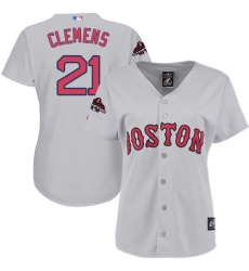 Women's Majestic Boston Red Sox #21 Roger Clemens Authentic Grey Road 2018 World Series Champions MLB Jersey