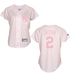 Women's Majestic New York Yankees #2 Derek Jeter Authentic White/Pink Strip MLB Jersey