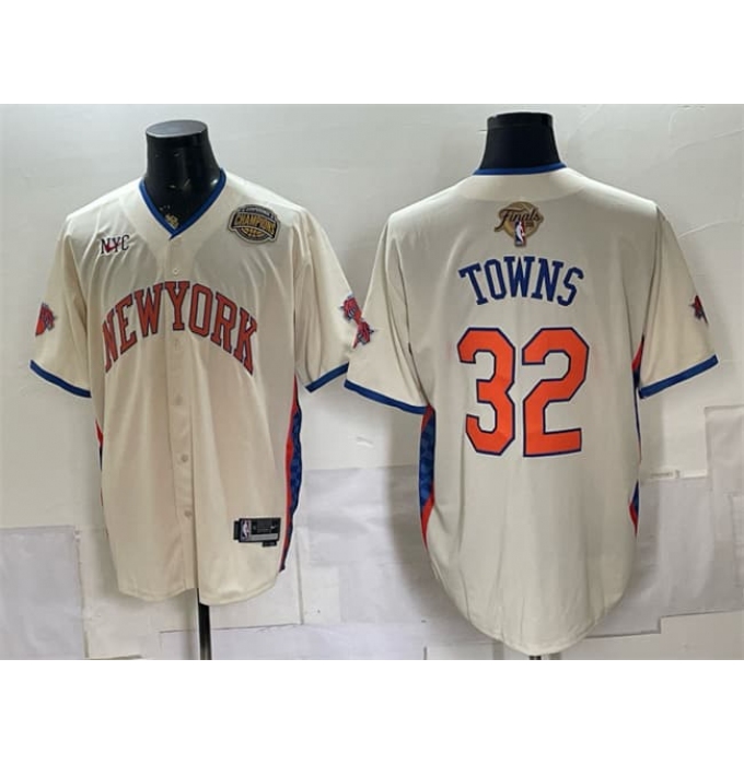 Men's New York Knicks #32 Karl-Anthony Towns Cream 2026 Finals & Eastern Conference Champions Stitched Baseball Jersey