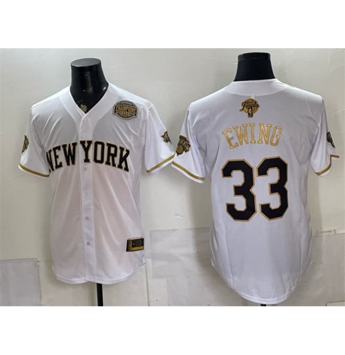 Men's New York Knicks #33 Patrick Ewing White Gold 2026 Finals & Eastern Conference Champions Stitched Baseball Jersey