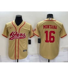 Men's San Francisco 49ers #16 Joe Montana Gold Stitched Cool Base Nike Baseball Jersey