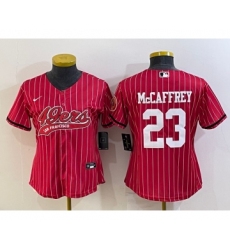 Women's San Francisco 49ers #23 Christian McCaffrey Red Pinstripe With Patch Cool Base Stitched Baseball Jersey Women's San Francisco 49ers #23 Christian McCaffrey Red Pinstripe With Patch Cool Base Stitched Baseball Jersey